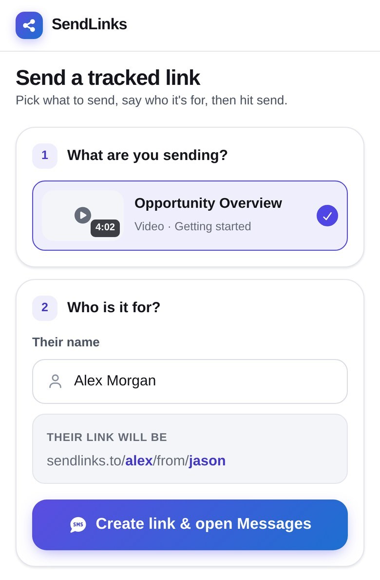 The send screen showing the link address being built as you type a name