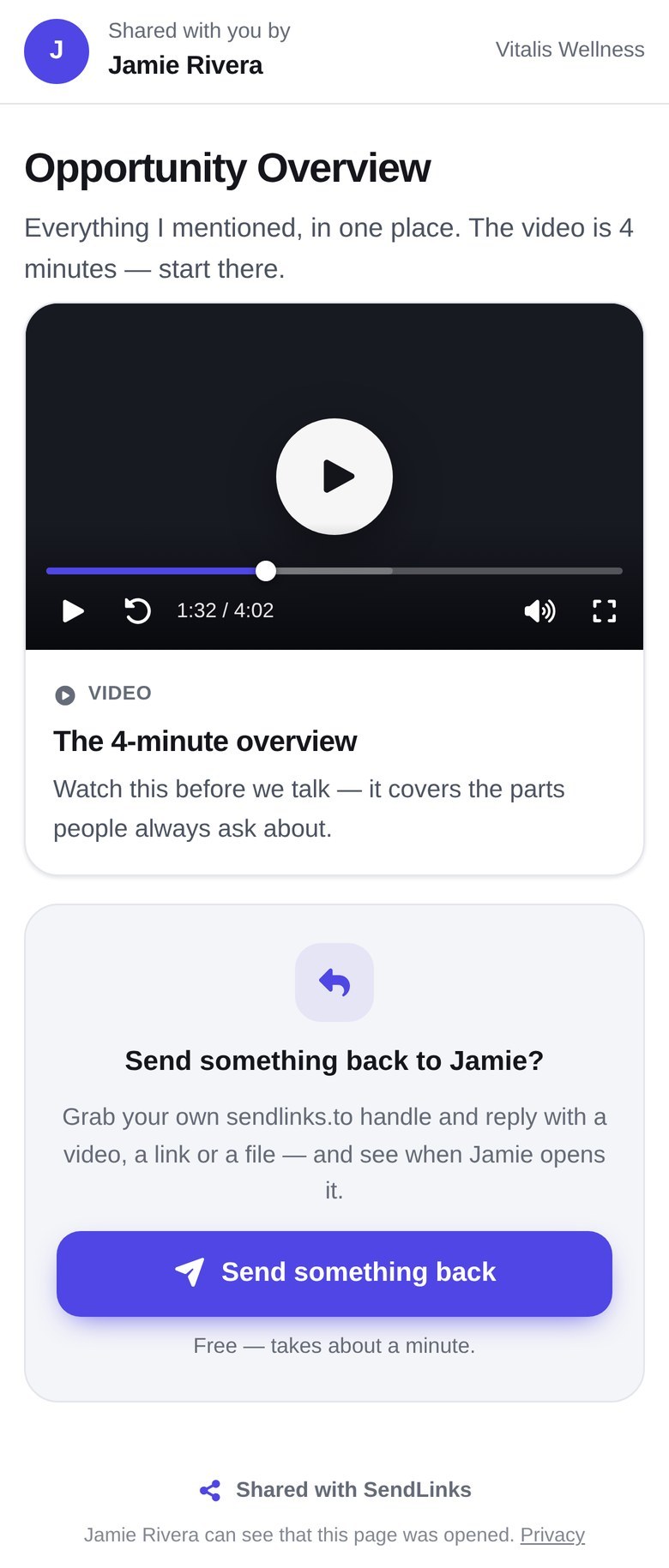 The page a recipient opens, with the sender's name and a reply button